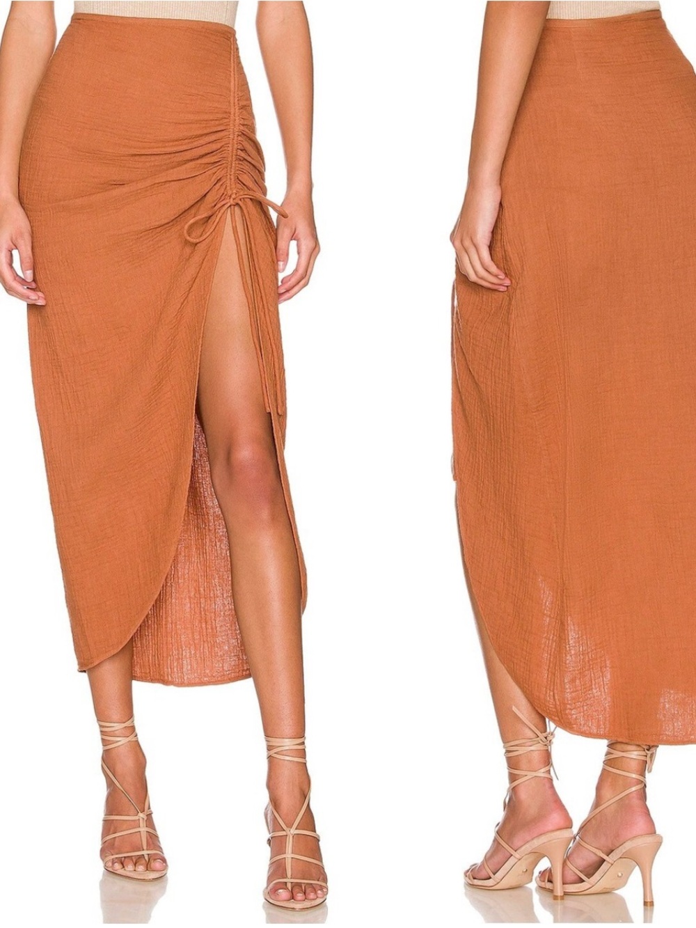 Free People Rust Gauze Ruched Side-Tie Midi Skirt